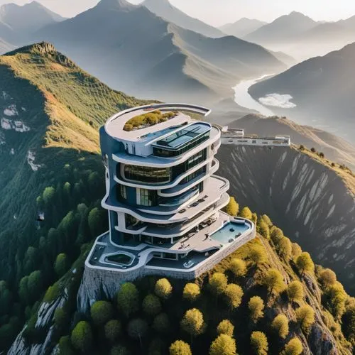 建築物造型改變，山脈維持原風格,間諜總部006,futuristic architecture,tigers nest,wudang,futuristic landscape,asian architecture,xiangshan