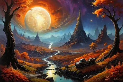 fantasy landscape,fantasy picture,lunar landscape,fantasy art,valley of the moon,autumn landscape,Illustration,Realistic Fantasy,Realistic Fantasy 32