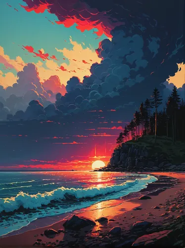 coast sunset,ocean,sunset beach,beach landscape,beach scenery,dream beach,sunset,tropics,mountain beach,sunrise beach,coastline,eventide,coast,pixel art,sunset glow,dark beach,sea,tropical sea,ocean background,ocean view,Conceptual Art,Fantasy,Fantasy 32