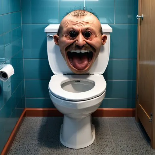 A toilet with a head sticking out of it,a white toilet in a blue tiled bathroom,bjorgolfur,toilet,kaman,toadie,bjorn,bjorgen,bjornebye,itj,bjornsson,toilet seat,serkis,yatsenyuk,gortat,wc,bidet,zimbar