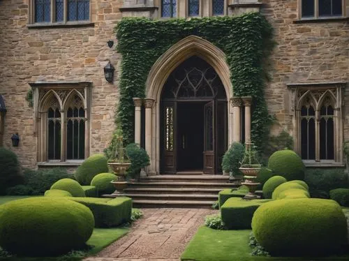 Dudley Manor, English countryside, medieval-inspired, grand castle-like structure, stone walls, tall spires, Gothic windows, heavy wooden doors, ivy-covered facades, majestic entrance hall, high ceili