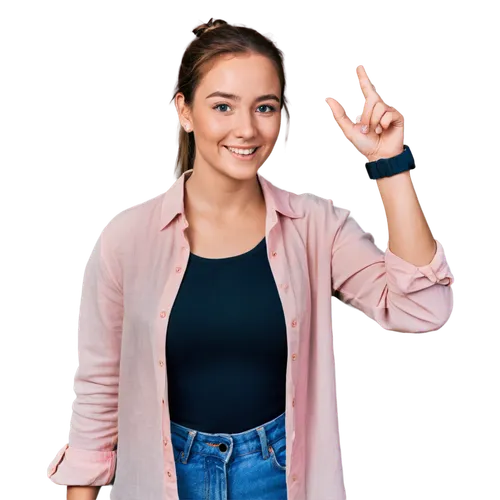 girl in t-shirt,girl with speech bubble,hand sign,girl on a white background,pink background,tiktok icon,pointing woman,woman pointing,pointing hand,daughter pointing,hand gesture,lady pointing,portrait background,fitness band,women's clothing,women's accessories,transparent background,woman holding gun,student with mic,hand pointing,Illustration,American Style,American Style 03