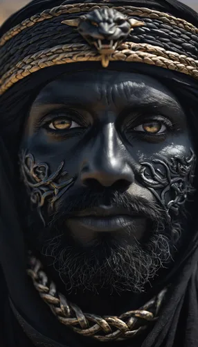 the black face is covered with a black veil, a Persian shaman in black clothes with snakes, a black veil, with a black amulet of a terrible black lion, in the background - the Greek coast, olive valle