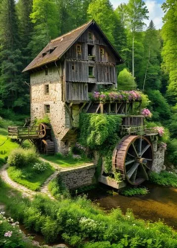 water mill,old mill,water wheel,dutch mill,house in the forest,wooden house,mill,log home,flour mill,home landscape,house in mountains,ancient house,fisherman's house,timber framed building,wooden houses,miniature house,green landscape,gristmill,rustic,small house,Photography,General,Natural