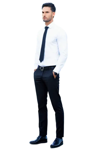 Stoic man, serious facial expression, short black hair, strong jawline, muscular build, white shirt, black tie, formal pants, leather shoes, standing pose, hands in pocket, urban background, cinematic