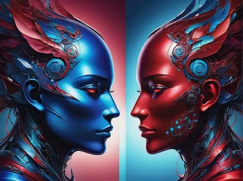 Create twin avatars, one in vibrant shades of sapphire blue and the other in deep ruby red, both with enigmatic expressions, facing each other face to face, in the style of digital approach, digital a