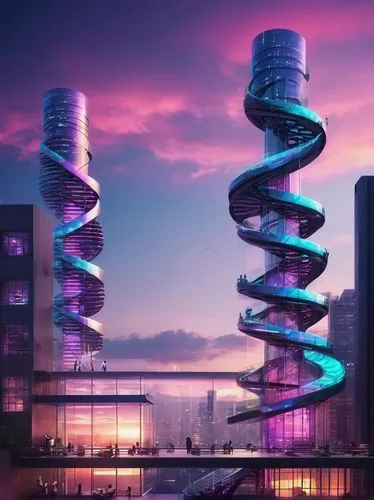 dna helix,futuristic architecture,the energy tower,helix,double helix,electric tower,arcology,urban towers,sky space concept,futuristic landscape,colorful spiral,futuristic art museum,cellular tower,hypermodern,skycycle,futuristic,coils,spiral art,sky apartment,spiral staircase,Conceptual Art,Fantasy,Fantasy 02