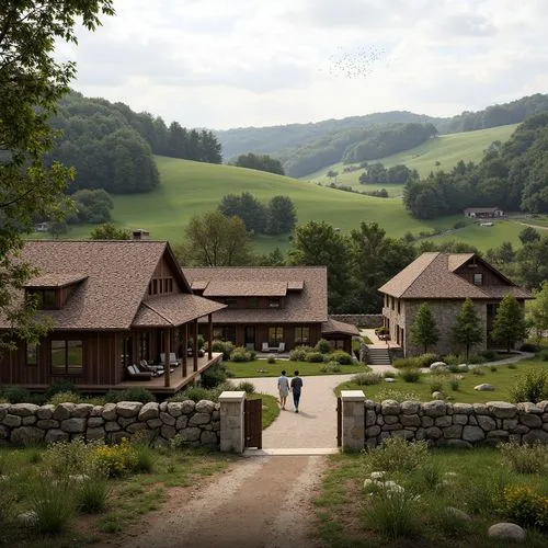 Rural village, traditional farmhouse, wooden pitched roofs, rustic stone walls, earthy tones, natural textures, rolling hills, lush green pastures, serene countryside views, warm sunlight, soft shadow