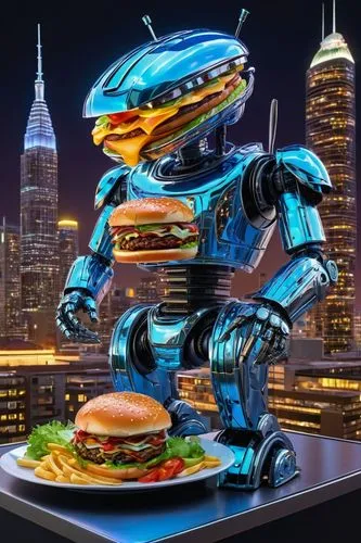 Futuristic ai robot, metallic body, glowing blue circuits, shimmering chrome finish, intricate mechanical details, angular futuristic design, holding a giant juicy burger, sesame seed bun, melted chee