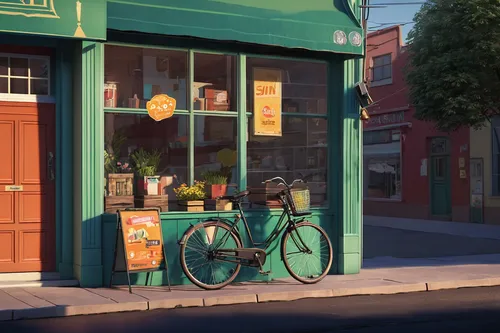 bicycle mechanic,coffee shop,bakery,bicycle,the coffee shop,flower shop,watercolor tea shop,pastry shop,watercolor cafe,tearoom,street cafe,late afternoon,evening light,bicycle ride,ice cream shop,city bike,bicycles,the evening light,cyclist,convenience store,Illustration,Vector,Vector 05