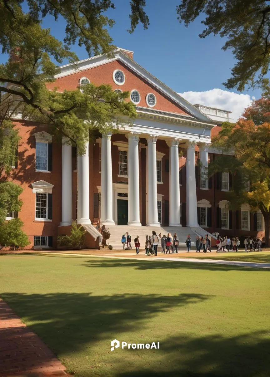 Alabama University architecture, Greek Revival style, grand entrance with ionic columns, red brick facade, white marble accents, sprawling green lawn, sunny day, blue sky with few puffy clouds, studen