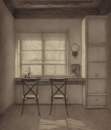 empty room,pantry,kitchen,schoolroom,sewing room,the little girl's room,cupboard,danish room,empty shelf,armoire,wooden windows,cabinetry,vintage drawing,underpainting,the kitchen,doll's house,mezzoti