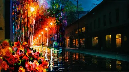 the same style of colors image,alley,colorful city,alleyway,world digital painting,glass painting,photo painting,street lights,oil painting on canvas,colorful light,night scene,colored lights,cityligh