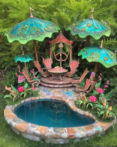 Pool with 4 Chairs and 3 Umbrellas   SOLD,fairy village,wishing well,fairy house,fairy world,garden decor,garden decoration,fairy stand,garden pond,decorative fountains,lily pond,fairy forest,lilly po