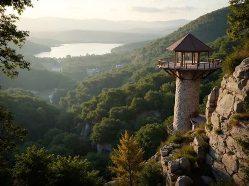 Scenic watchtower, harmonious landscape integration, rugged stone walls, wooden observation decks, panoramic views, rolling hills, lush green forests, serene lakeside, misty morning atmosphere, warm s