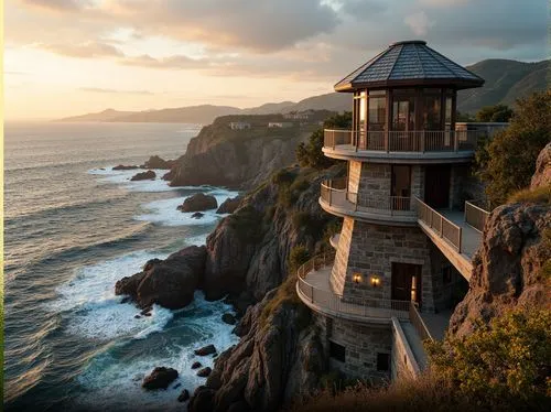 Watchtower on coastal cliff, rugged rock formations, crashing ocean waves, salty sea air, nautical themed architecture, wooden decking, rope railings, lantern-style lighting, weathered stone walls, cu