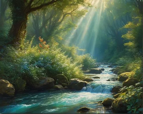 mountain stream,nature wallpaper,forest landscape,god rays,nature background,sunrays,river landscape,fantasy picture,green forest,verdant,fantasy landscape,sun rays,light rays,holy forest,sunbeams,flowing creek,mountain spring,green waterfall,nature landscape,green landscape,Conceptual Art,Fantasy,Fantasy 05