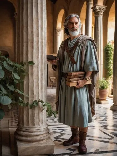 Ancient Roman, Vitruvius, solo, standing, holding 10 leather-bound books, architecture, marble columns, intricate carvings, Renaissance-inspired, ornate stone flooring, dimly lit, warm lighting, class