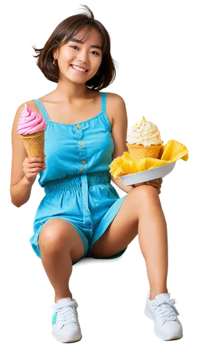 Polaroid frame, white border, glossy finish, colorful snapshot, casual female, relaxed posture, messy bobbed hair, natural makeup, yellow sundress, sneakers, holding ice cream cone, smiling, warm ligh