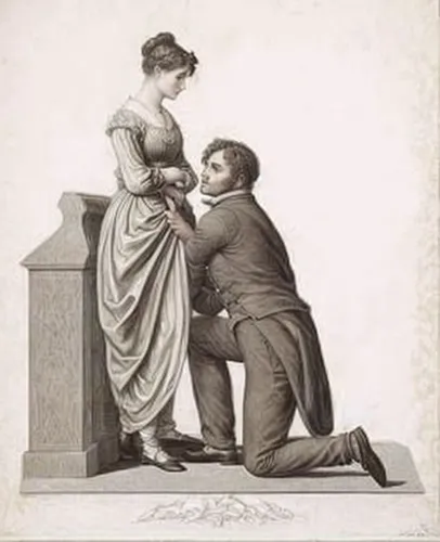 young couple,courtship,man and wife,bougereau,proposal,as a couple,dispute,lover's grief,engagement,lithograph,la violetta,kneeling,romantic scene,shoemaker,mistletoe,engraving,encarte,jane austen,rom