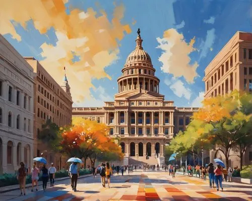 Texas Capitol building, Austin cityscape, modern skyscraper, historic landmark, sunny day, blue sky, few white clouds, strong shadows, detailed stone walls, ornate architectural details, 3/4 compositi