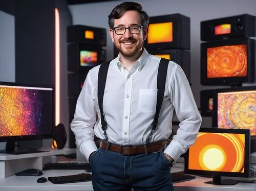 Best AI image creator, mature man, bespectacled, short black hair, gentle smile, white shirt, rolled-up sleeves, dark jeans, sneakers, standing, modern minimalist studio, futuristic computer setup, la