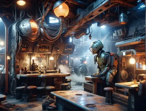 realistic dusty dingey grimey retro post futurism industrial scifi bar, atmospheric volumetric light ,sci fi surgery room,apothecary,collected game assets,shipyard,merchant,metallurgy,action-adventure