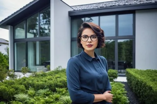 25-year-old mature lady, architect, professional attire, short hair, minimal makeup, glasses, standing, hands on hips, confident pose, in front of a modern villa, grey and white color scheme, asphalt 