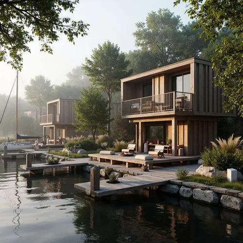 house by the water,floating huts,3d rendering,boat dock,house with lake,summer cottage,render,houseboats,houseboat,boathouses,cube stilt houses,deckhouse,dunes house,docks,renders,snohetta,renderings,amanresorts,shorefront,harborfront