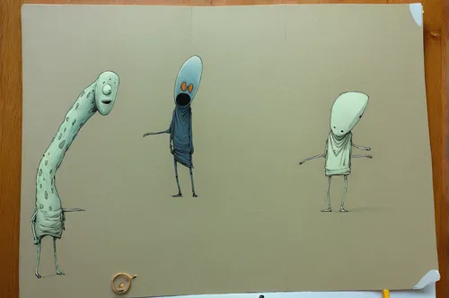 Drawing Of His Imaginary Friends, Long Neck, Big Tooth Guy And No Face,clip board,paper scraps,pin board,paper art,cutouts,paperboard,paper snakes,clay animation,scrap paper,stick people,folders,greet