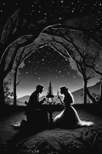 vintage couple silhouette,romantic night,romantic scene,stargazing,romantic dinner,night scene,picnic,sewing silhouettes,honeymoon,the night of kupala,astronomers,rem in arabian nights,romantic meeting,camping,fairytales,dinner for two,couple silhouette,astronomy,tobacco the last starry sky,romantic,Photography,Black and white photography,Black and White Photography 11