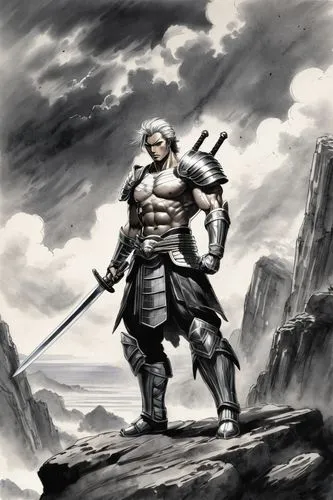 Muscular warrior, gray striped armor, silver shoulder pads, metallic gloves, muscular arms, holding a giant sword, standing on a rocky cliff, dramatic clouds, misty atmosphere, intense gaze, sharp fac