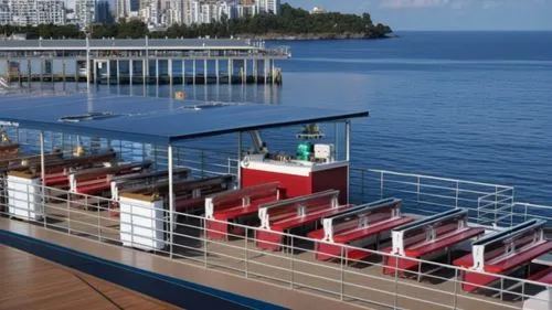 kiosco con barra para vender refresco, copteles, cafe, ubicada en la pare superior de uun ferry con detalles de un barco en la noche fotorealista ,floating restaurant,beer tables,cruiseferry,shipping 