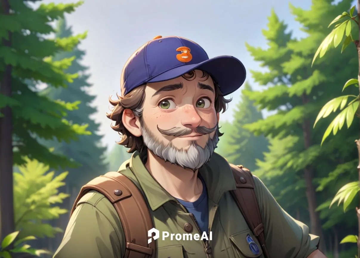 A 45 year old man, he is a forester, he is wearing an orange cap with a logo on it, his beard is chesnuts colored, he is wearing forester clothes green and brown colored, he has a few rickles on his f