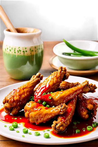 Spicy dish, close-up shot, steam rising, vibrant red chili peppers, golden-brown fried chicken wings, sprinkled with green onions, savory sauce drizzling, white porcelain plate, wooden table, shallow 