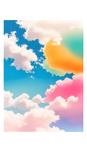 Funny Photoshop background, cartoon style, bright colors, gradient sky, fluffy white clouds, sunny day, 3/4 composition, shallow depth of field, warm color tone, cinematic lighting, soft focus, playfu