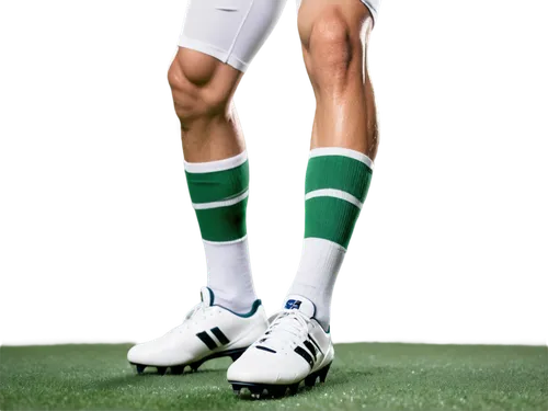 Football player, athletic male, muscular legs, green turf background, cleats, white socks, shin guards, dynamic action, kicking pose, low-angle shot, dramatic lighting, intense expression, sweat dropl