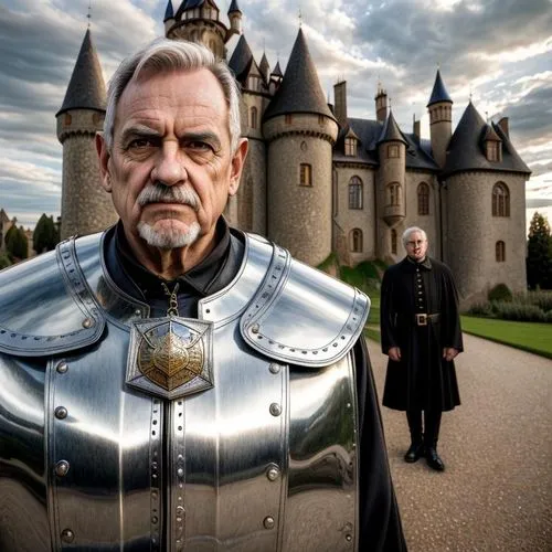 The picture shows two men in front of a medieval castle. The man in the foreground is at the center of the picture. He is an older man with grey hair and a moustache, wearing shiny silver armor with a