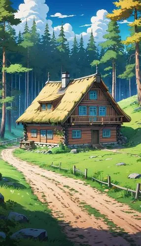 butka,log home,studio ghibli,ghibli,log cabin,cartoon video game background,Illustration,Japanese style,Japanese Style 03