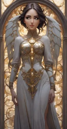 archangel,gold frame,golden frame,fantasy woman,paladin,mary-gold,goddess of justice,the archangel,queen cage,jaya,heroic fantasy,golden crown,fantasy portrait,baroque angel,art nouveau frame,joan of arc,angel,katniss,priestess,gold wall,Photography,Cinematic