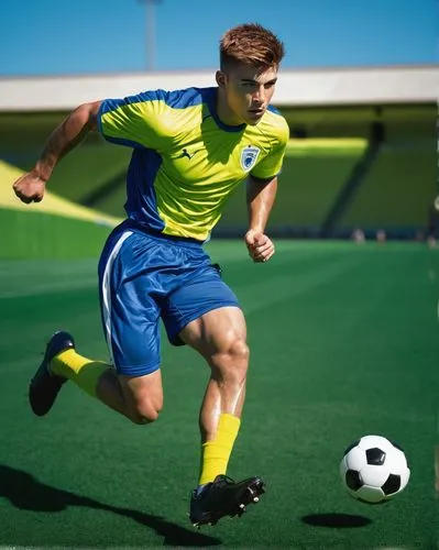 male athlete, soccer player, muscular, 25yo, short spiky hair, sweat drips down face, intense gaze, athletic wear, jersey, shorts, shin guards, cleats, running, kicking, dribbling, green grass, stadiu