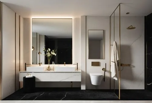 a bathroom with dark marble floors, a white toilet and sink,luxury bathroom,modern minimalist bathroom,bath room,ensuite,bagno,brassware,Photography,General,Realistic