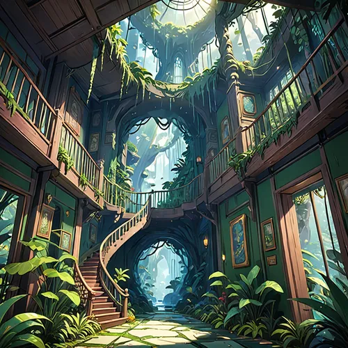 dandelion hall,abandoned place,studio ghibli,house in the forest,hallway,wooden path,the threshold of the house,fractal environment,lost place,passage,conservatory,pathway,walkway,abandoned places,rainforest,treehouse,forest path,tree house,3d fantasy,lostplace,Anime,Anime,General