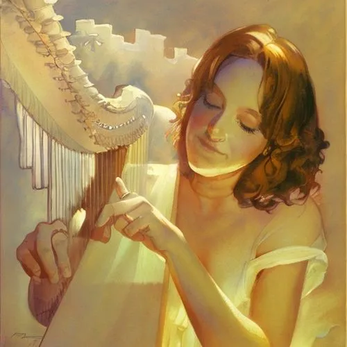 an angel playing the harp, beautiful romantic painting by Frank Frazetta, volumetric lighting,harpist,harp player,angel playing the harp,celtic harp,serenade,harp,melodica,accordion player,accordionis