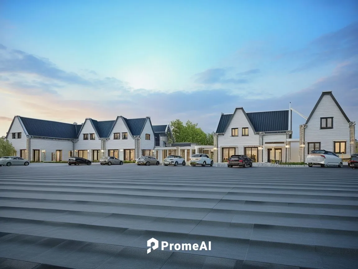 BLACK ROOF, SIMILAR AS SOURCE, COMMERCIAL BUILDING,several white houses with cars parked in a parking lot,townhomes,kleinburg,roof landscape,tobermore,cohousing,hovnanian,Photography,General,Realistic