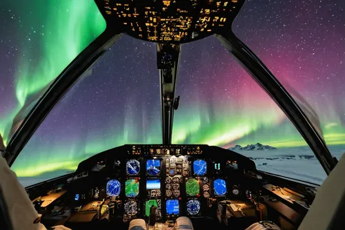 An amazing view of the Northern Lights from the cockpit. (Christiaan van Heijst Daan Krans/Caters News),aurora borealis,cockpit,northen lights,auroras,green aurora,norther lights,aurora australis,pola