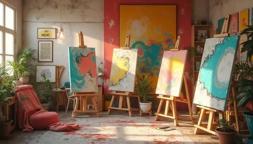 Vibrant art studio, eclectic color scheme, bold brushstrokes, abstract expressionism, textured canvases, mixed media, artistic freedom, bright coral hues, deep turquoise shades, sunny yellow accents, 