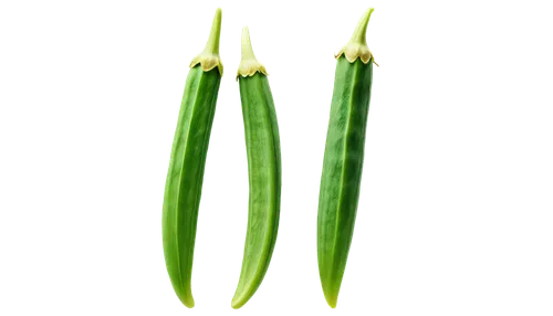 Okra, green pod, slender shape, small size, tender stem, delicate leaves, soft natural light, 3/4 composition, shallow depth of field, vibrant green color, cinematic lighting, close-up shot, detailed 