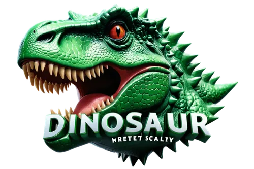 Dinosaur logo, green scaly skin, sharp teeth, friendly eyes, T-Rex head, company name written in bold font, metallic texture, 3D render, low angle shot, dramatic lighting, vibrant color scheme, abstra