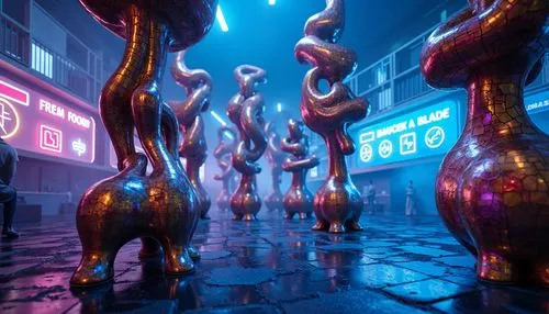 3d render,neon ghosts,cinema 4d,cyberscene,3d fantasy,bladerunner,cyberia,cyberworld,cybercity,synth,fantasy city,cyberpunk,hypermodern,orbiters,futuristic landscape,synthetic,kusama,vapor,futuristic art museum,corpus